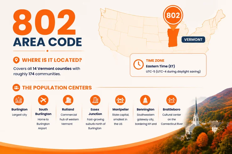 802 area code Vermont communities map — all 14 counties in Eastern Time zone