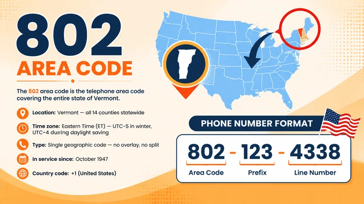 802 area code facts — Vermont single statewide code, Eastern Time, in service since 1947