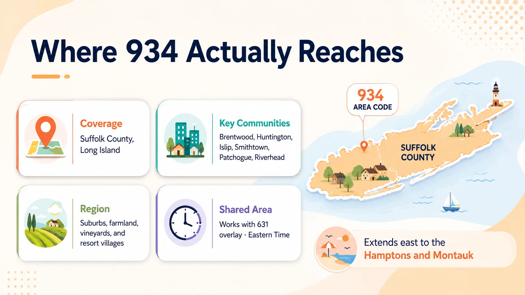 Where the 934 area code reaches — Suffolk County, Long Island map